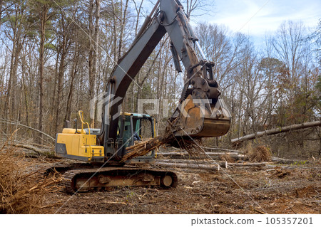 Worker to uproot trees in forest, using an excavator to prepare ground for construction of house. 105357201