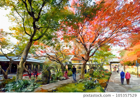 The approach to a shrine with beautiful autumn leaves watercolor illustration 105357529