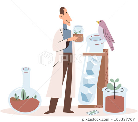 Scientists conducts research to study nature, makes laboratory analysis. Idea of education, botany, microbiology. Biologists study structure of plants, conduct experiments. Biological research 105357707