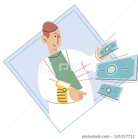 Contactless payment using smart watches concept with male cartoon character making payment wireless for purchases with his wearable electronic wristwatch. Mobile cashless, banking app and e-payment Contactless payment using smart watches concept with male cartoon character making payment wireless for purchases with his wearable electronic wristwatch. Mobile cashless, banking app and e-payment 105357712
