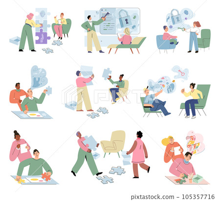Private psychology, psychotherapy help concept. Psychologist assistant service, support therapy set. Mental therapy sessions with psychotherapists. Teenage, couple, individual and group psychology 105357716