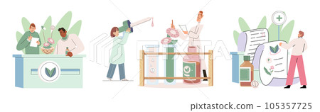 Herbal oils natural medicines. Scientist or doctor making alternative medicine herb, mortar, laboratory glassware plant in tube, flower. Doctor checking medicinal herbs. Herbal medicine. Drug research 105357725
