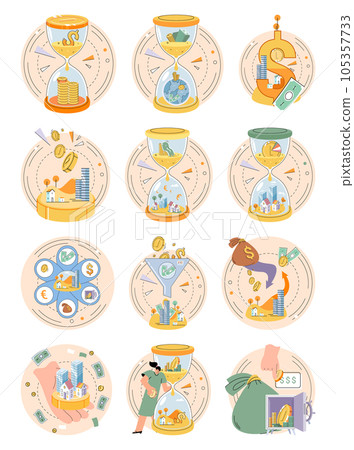 Time and money, deferred payment, financial system of global economy, capital investment, business timer countdown. Hourglass with coins and money. World stock exchange set, accumulation of capital Time and money, deferred payment, financial system of global economy, capital investment, business timer countdown. Hourglass with coins and money. World stock exchange set, accumulation of capital 105357733