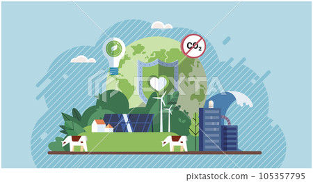 Earth with green ecology. Air pollution from factories and CO2 emissions. Saving the planet, World Environment Day. Global warming. Stop ecological catastrophy. Earth day. New clean energy 105357795