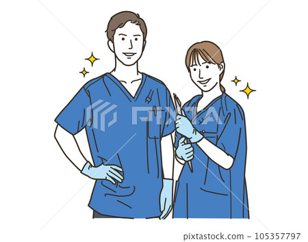 Smiling male and female medical workers 105357797