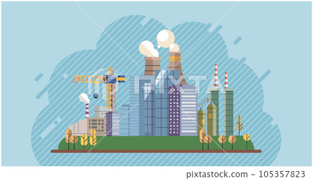 Climate change cycle as dried or dry cracked land suffering from drought. Industries create pollution and cities that affected by pollution. Metaphor climate change, global warming and water crisis 105357823