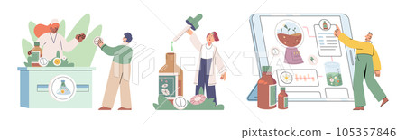 Herbal oils natural medicines. Scientist or doctor making alternative medicine herb, mortar, laboratory glassware plant in tube, flower. Doctor checking medicinal herbs. Herbal medicine. Drug research 105357846