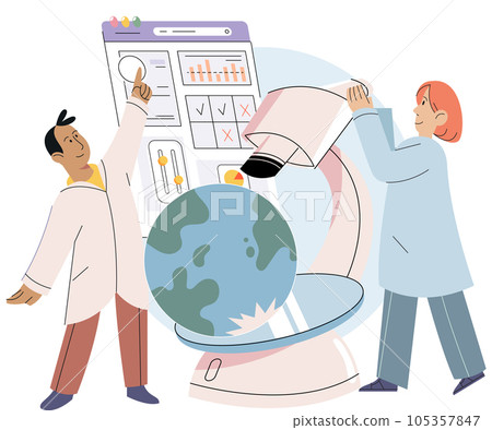 Scientist conducts research to study planet Earth, makes experiments to determine level of climate change, state and degree of pollution of air, using lab microscope to identify environmental problems 105357847