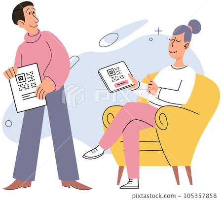 Person scans qr code in store. Woman shows QR barcode, man scans quick response code. Buyer checks price, buying goods or services. Cashless payment, modern technologies, internet transaction 105357858