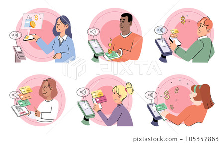 Customer pay with mobile phone app and POS-terminal in shop. Cashless contactless payment with smartphone NFC bank system. Wireless transaction using e-banking technology electronic money vector set 105357863
