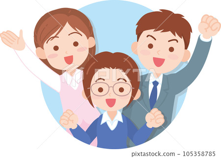 公司員工_3名年輕男女上班族，笑容滿面，_從圓窗揮手_上半身 105358785