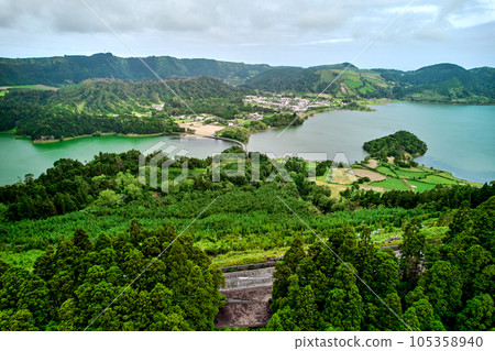 Aerial shot picturesque paradise of Sete Cidades in Azores Aerial shot picturesque paradise of Sete Cidades in Azores 105358940