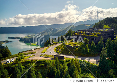 Aerial shot picturesque paradise of Sete Cidades in Azores 105358967
