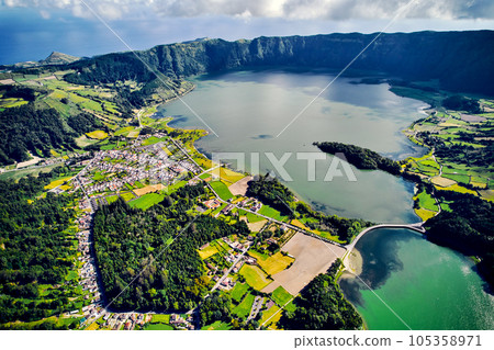 Aerial shot picturesque paradise of Sete Cidades in Azores 105358971