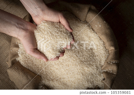 Human hands holding handful of rice over burlap sack 105359081