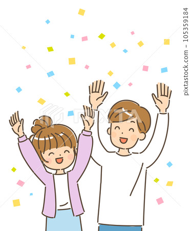 年輕男女微笑著歡呼上半身五彩紙屑 年輕男女微笑著歡呼上半身五彩紙屑 105359184