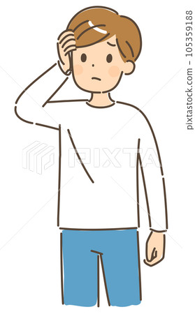 A young man with an uneasy expression holding his head, upper body, no background 105359188