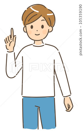 Young man pointing finger upper body no background 105359190