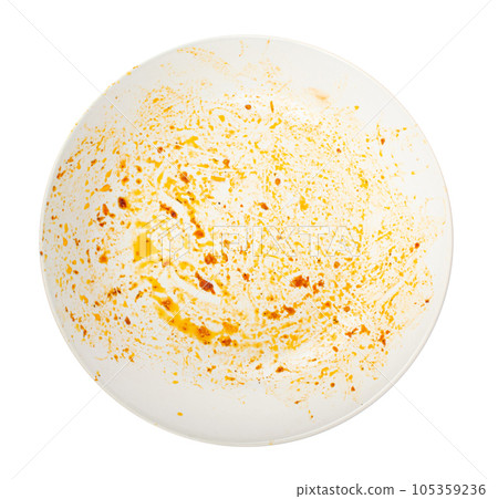 Dirty Plate Isolated, Empty Bowl after Dinner, Finished Lunch, Oil and Smeared Sauce on White Plate 105359236