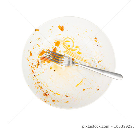 Dirty Plate Isolated, Empty Bowl after Dinner with Leftover Pasta, Oil and Smeared Sauce Dirty Plate Isolated, Empty Bowl after Dinner with Leftover Pasta, Oil and Smeared Sauce 105359253