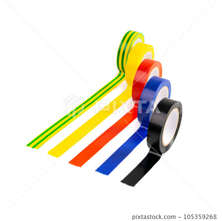 Electrical Tape Roll Lines Isolated, Plastic Duct Tape Rolls, Colored Adhesive Tapes on White Background 105359268