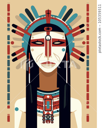 Native American chief wearing traditional clothes and headgear with feathers. American Indian leader that embodies courage, strength and confidence. poster art 105359311