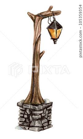 Outside lamp with stone basement. Watercolor hand drawn illustration for invitations, greeting cards, prints, packaging and more. Merry christmas and happy new year. Outside lamp with stone basement. Watercolor hand drawn illustration for invitations, greeting cards, prints, packaging and more. Merry christmas and happy new year. 105359354