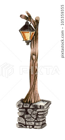 Outside lamp with stone basement. Watercolor hand drawn illustration for invitations, greeting cards, prints, packaging and more. Merry christmas and happy new year. Outside lamp with stone basement. Watercolor hand drawn illustration for invitations, greeting cards, prints, packaging and more. Merry christmas and happy new year. 105359355