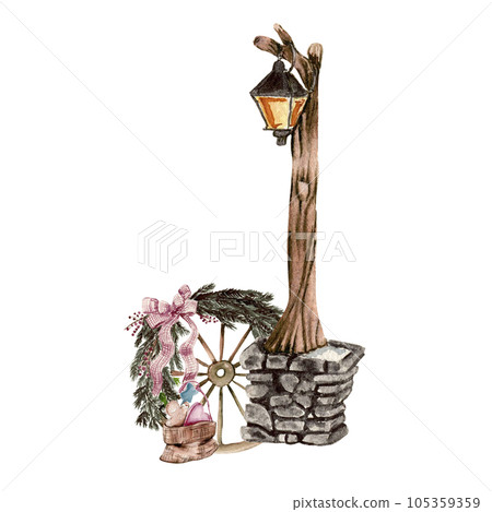 Outside lamp with stone basement. Watercolor hand drawn illustration for invitations, greeting cards, prints, packaging and more. Merry christmas and happy new year. Outside lamp with stone basement. Watercolor hand drawn illustration for invitations, greeting cards, prints, packaging and more. Merry christmas and happy new year. 105359359