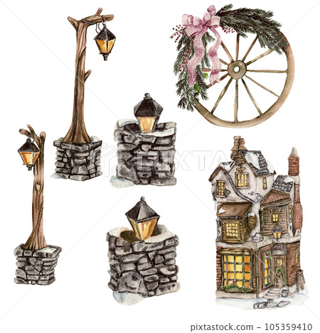 Outside lamp with stone basement , winter cottage . Watercolor hand drawn illustration for invitations, greeting cards, prints, packaging and more. Merry christmas and happy new year. 105359410
