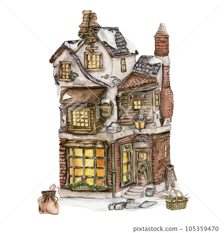 Watercolor house in winter. A cozy winter house with a wood covered roof and light in windows hand drawn in watercolor.. Watercolor illustration. Winter cottage. Watercolor house in winter. A cozy winter house with a wood covered roof and light in windows hand drawn in watercolor.. Watercolor illustration. Winter cottage. 105359470