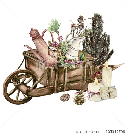 Wooden cart with present boxes. Watercolor hand drawn illustration for invitations, greeting cards, prints, packaging and more. Merry christmas and happy new year. Wooden cart with present boxes. Watercolor hand drawn illustration for invitations, greeting cards, prints, packaging and more. Merry christmas and happy new year. 105359708
