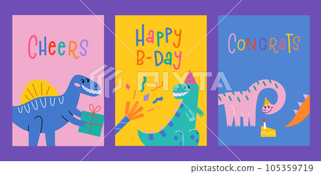 Greeting cards for birthday, kids events. Smiling dinosaurs compositions. Set of templates with hand written lettering, happy b-day, cheers, congrats. Vector arrangements with tyrannosaurus Greeting cards for birthday, kids events. Smiling dinosaurs compositions. Set of templates with hand written lettering, happy b-day, cheers, congrats. Vector arrangements with tyrannosaurus 105359719