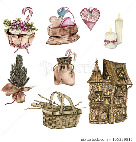 Watercolor winter Christmas elements Flower Watches Candle.Isolated on a white background. Watercolor illustration. Winter cottage. perfect for greetings card, poster, invitation, party decore, fabric Watercolor winter Christmas elements Flower Watches Candle.Isolated on a white background. Watercolor illustration. Winter cottage. perfect for greetings card, poster, invitation, party decore, fabric 105359815