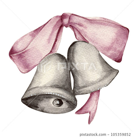 Watercolor winter Christmas bells with ribbons. Watercolor illustration. perfect for greetings card, poster, invitation, party decore, fabric. Merry Christmas and happy new year 105359852