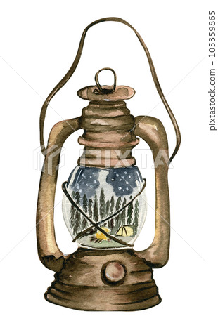 Lamp with forest composition inside.. Watercolor hand drawn illustration for invitations, greeting cards, prints, packaging and more. Merry christmas and happy new year. 105359865