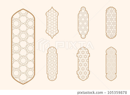 Islamic window shape with mashrabiya pattern. Arabic door frame. Islamic arhitecture elements of window and door and mashrabiya pattern. 105359878