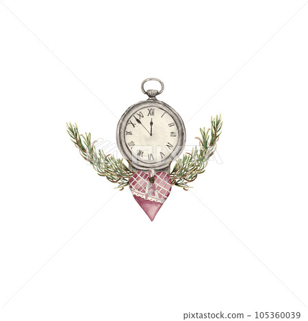 Christmas composition with watches.. Watercolor hand drawn illustration for invitations, greeting cards, prints, packaging and more. Merry christmas and happy new year. 105360039