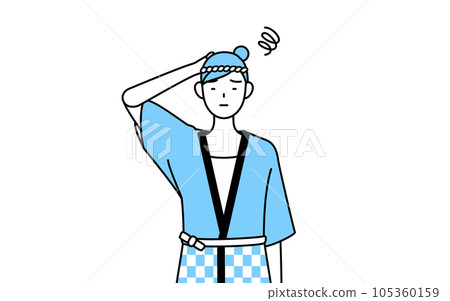 一個穿著夏日節日法衣外套的女人陷入困境撓頭 一個穿著夏日節日法衣外套的女人陷入困境撓頭 105360159