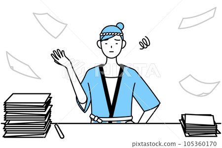 A woman wearing a summer festival happi coat who is fed up with untidy work A woman wearing a summer festival happi coat who is fed up with untidy work 105360170