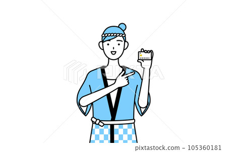 A woman wearing a summer festival happi coat recommending credit card payment 105360181