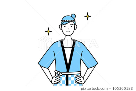 A woman wearing a summer festival happi coat with her hands on her hips 105360188