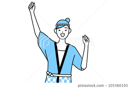 A woman wearing a summer festival happi coat jumping with a smile A woman wearing a summer festival happi coat jumping with a smile 105360193