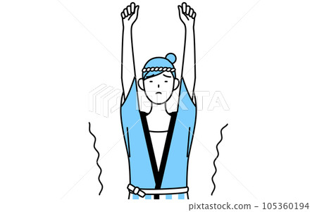 A woman wearing a summer festival happi coat stretching by stretching A woman wearing a summer festival happi coat stretching by stretching 105360194