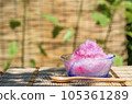 草莓糖漿刨冰通過夏季樹葉置於陽光下/暑假/昭和復古/日本夏季傳統形象 105361289