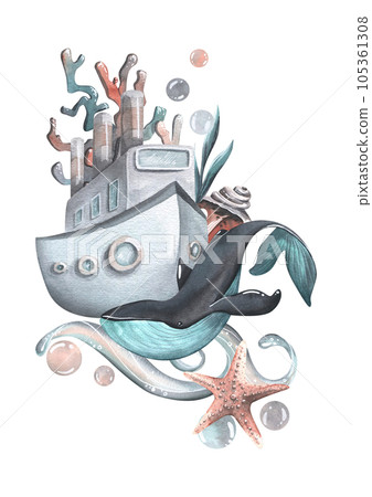 Steamboat with pipes, whale, coral, wave, algae, bubbles and starfish. Watercolor illustration, hand drawn. Marine isolated composition on a white background. 105361308