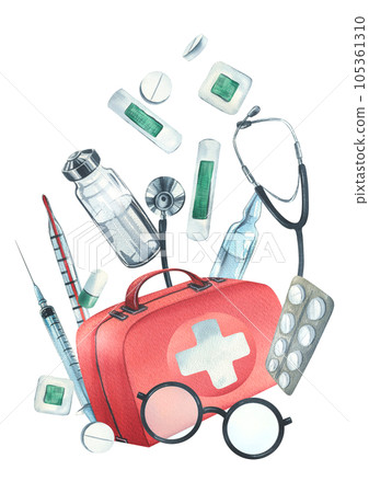 Red medical case, first aid kit with stethoscope, injections, plaster, pills and glasses. Watercolor illustration, hand drawn. Composition isolated on white background. 105361310