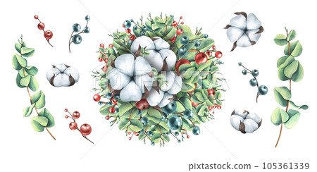 Christmas, New Year's, winter composition of eucalyptus branches, cotton and decorative berries. Watercolor illustration, hand drawn. Set of isolated elements on a white background. Christmas, New Year's, winter composition of eucalyptus branches, cotton and decorative berries. Watercolor illustration, hand drawn. Set of isolated elements on a white background. 105361339