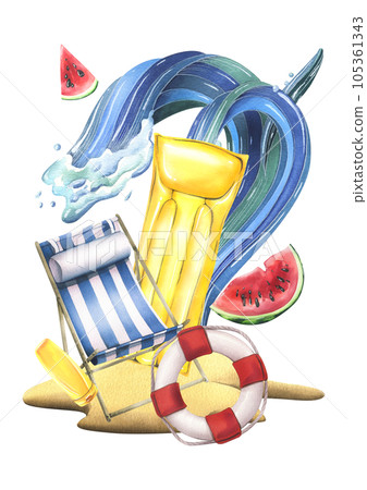Beach lounger blue striped with an inflatable yellow mattress, watermelon, lifebuoy and wave on a tropical island. Watercolor illustration, hand drawn. Isolated composition on a white background. 105361343