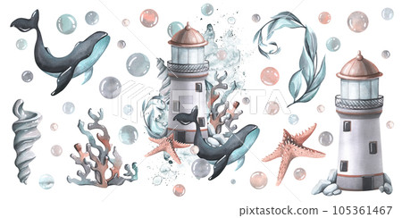 Lighthouse with whale, shell, coral, algae, starfish, bubbles. Watercolor illustration, hand drawn. Nautical set of isolated elements on a white background. Lighthouse with whale, shell, coral, algae, starfish, bubbles. Watercolor illustration, hand drawn. Nautical set of isolated elements on a white background. 105361467